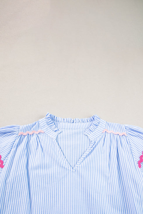 Stripe Ricrac Trim Split Neck Striped Ruffled Sleeve Blouse